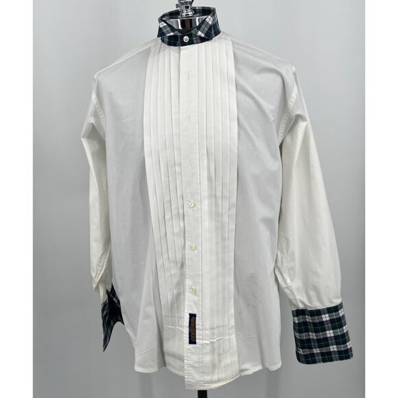 Y2K Tommy Hilfiger Pleated‎ Tuxedo Shirt Plaid Cuffs & Collar Size 15.5 34 - Picture 1 of 8